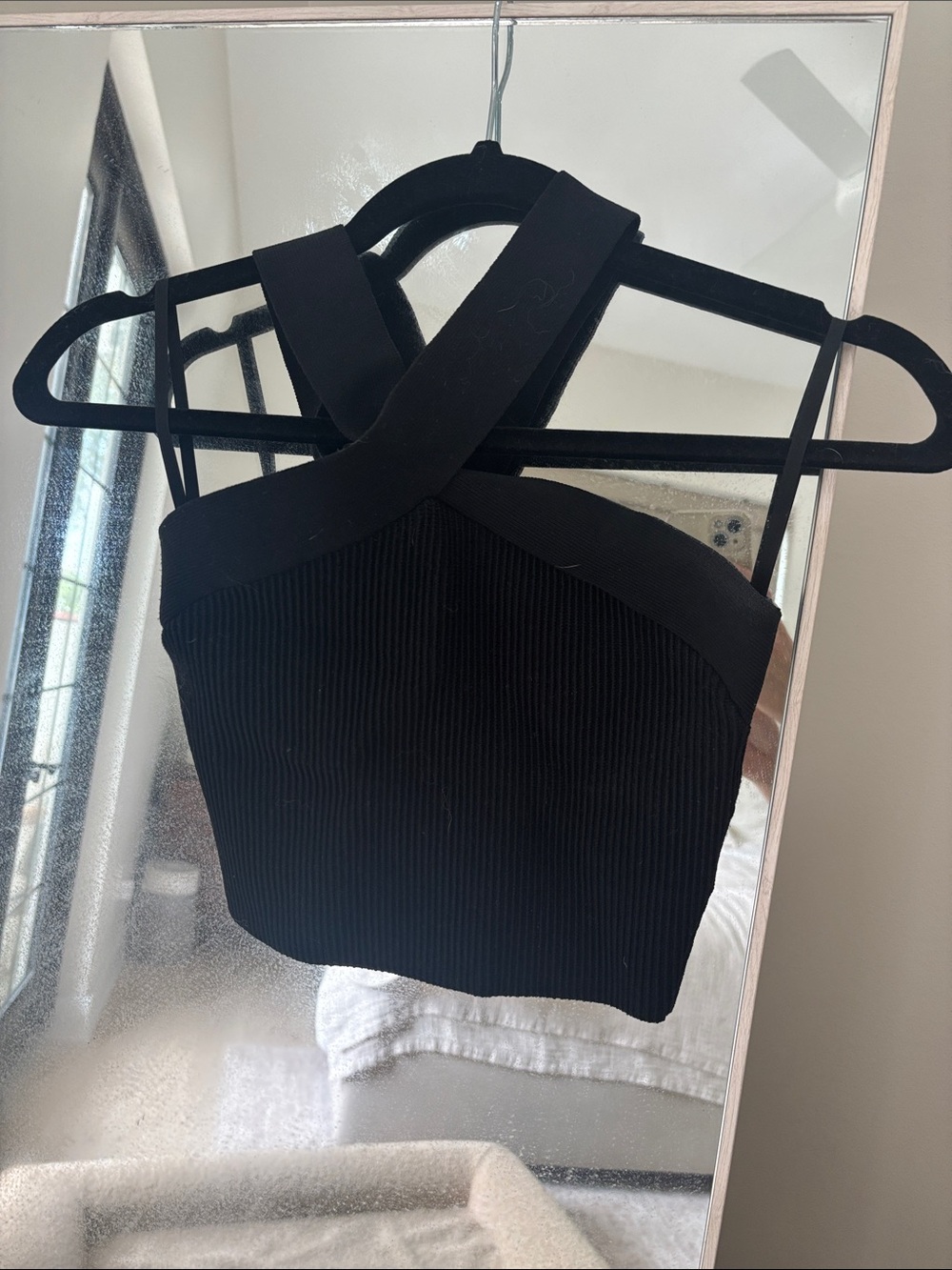 Black Ribbed Crisscross Crop Top - Women